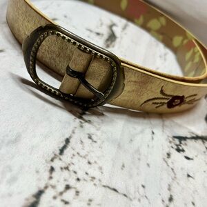 Boho Embroidered Leather‎ Belt with Floral Stitching & Antique Brass Buckle